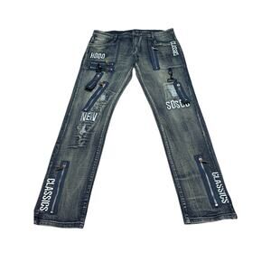 Graphic Y2K Classic Hood Embroidered Zipper Graphic Mens Denim Jeans 38x32 E8